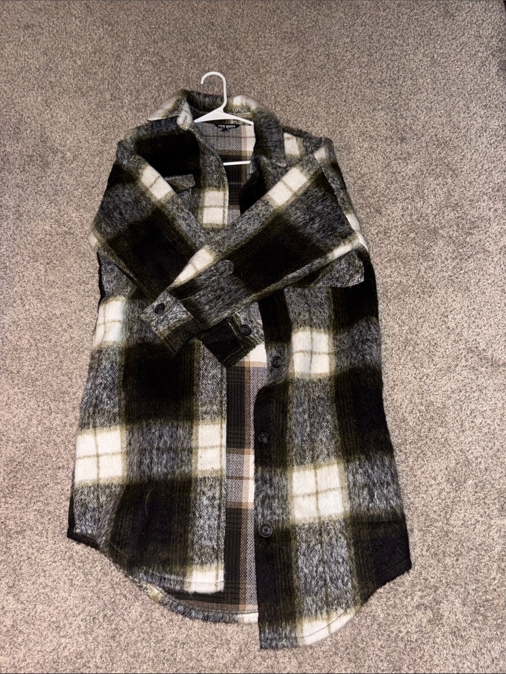 Steve Madden Plaid Trench Coat in Black, Gray & Cream